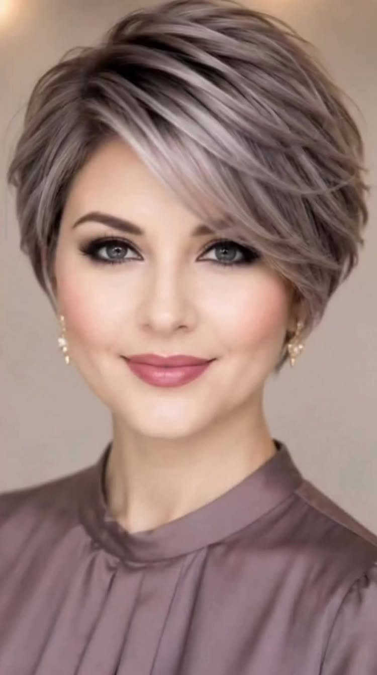 Woman modeling a short gray-brown asymmetrical bob with a long side-swept fringe