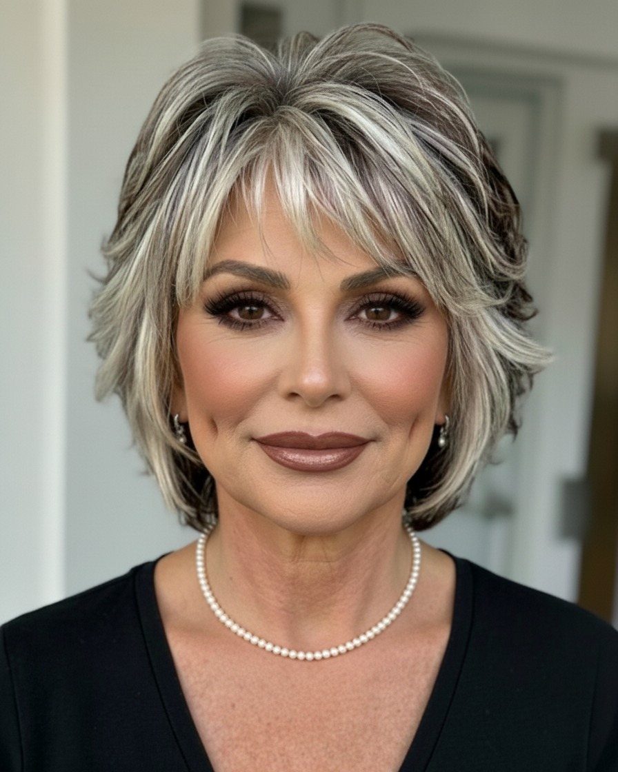 Woman with layered silver-gray shag, wispy bangs, and pearl jewelry