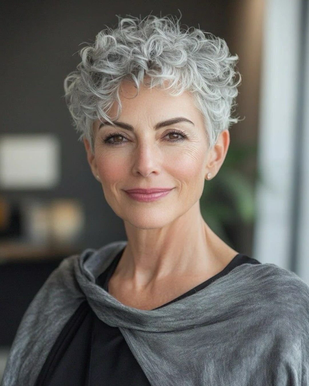 Woman with short rounded silver-gray curls and a softly draped gray top