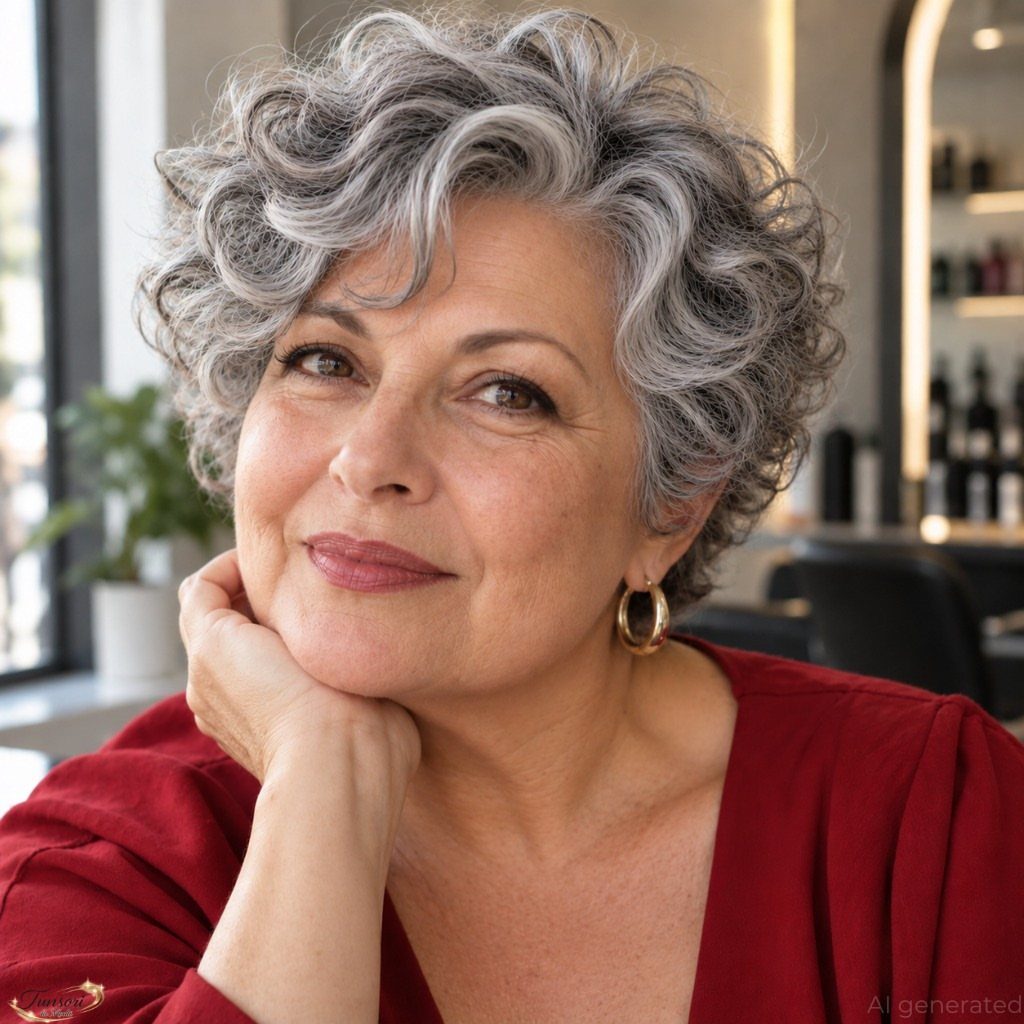 Woman with short silver-gray curls and darker roots in a red top
