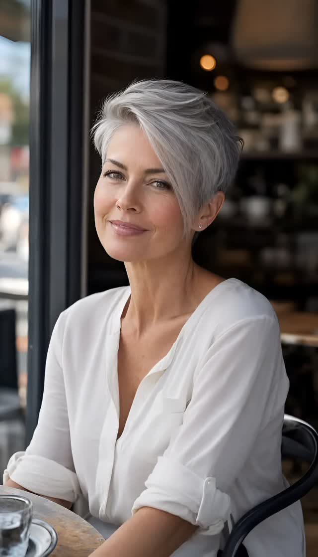 Woman with a silver-gray pixie cut and side-swept fringe seated at a table