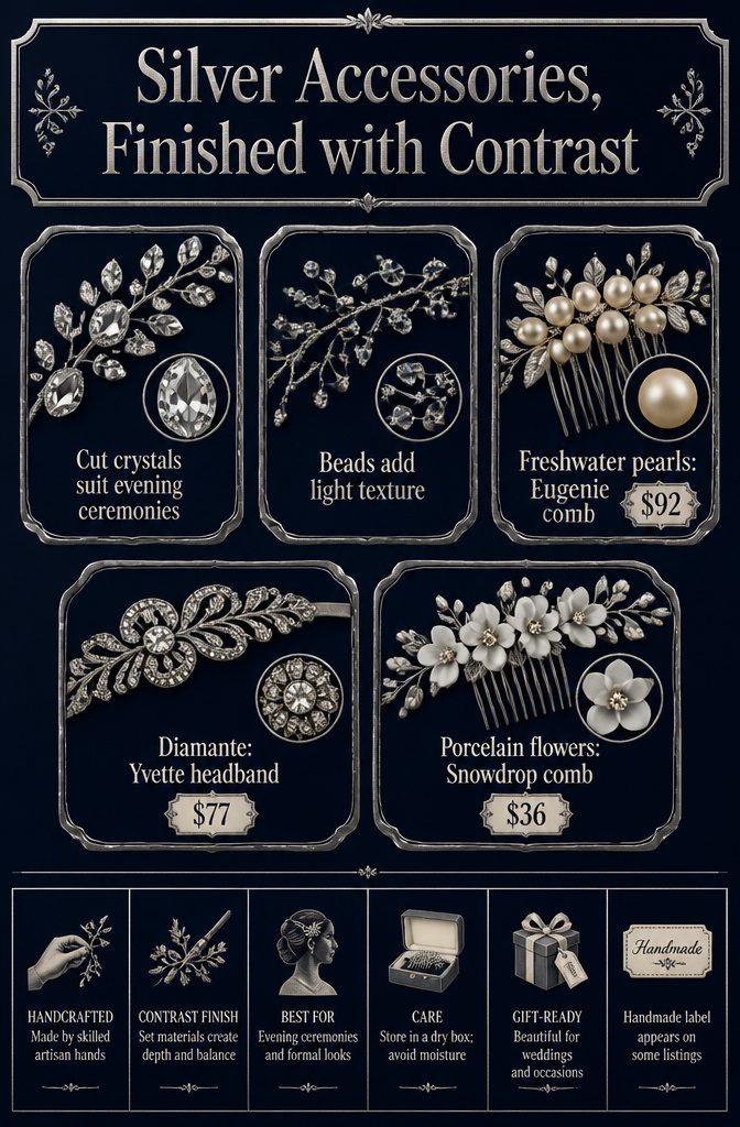 Silver accessories with crystals pearls diamante beads and porcelain flowers