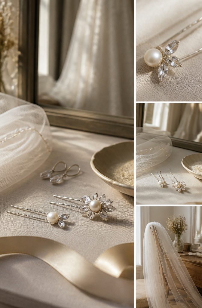 Silver hair accessories combining pearls crystals clustered pins and floral pieces