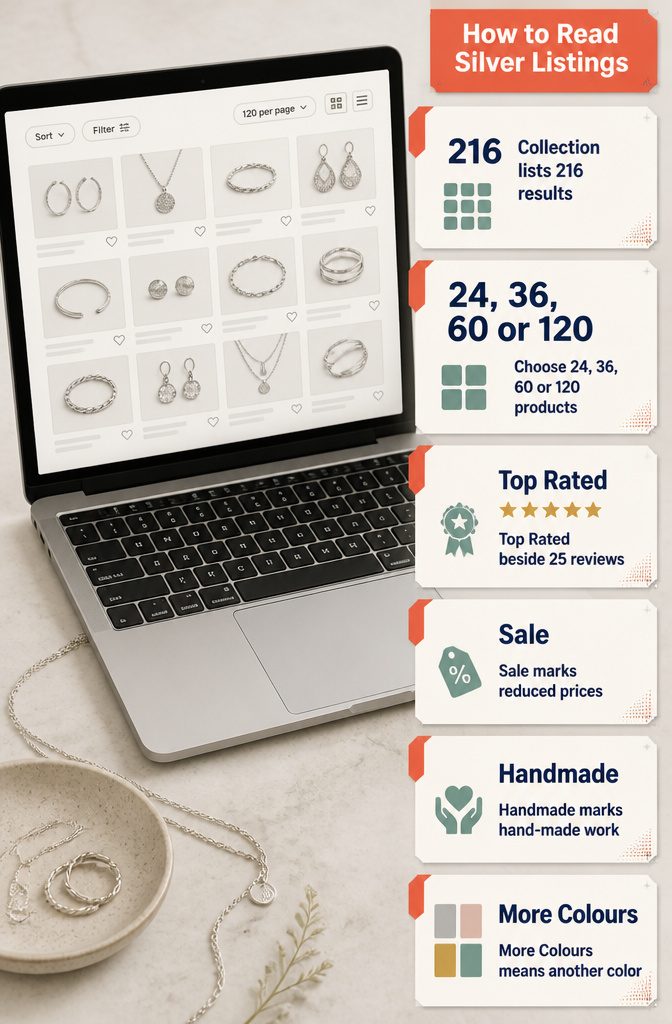 Silver accessory listings with filters labels prices and review counts