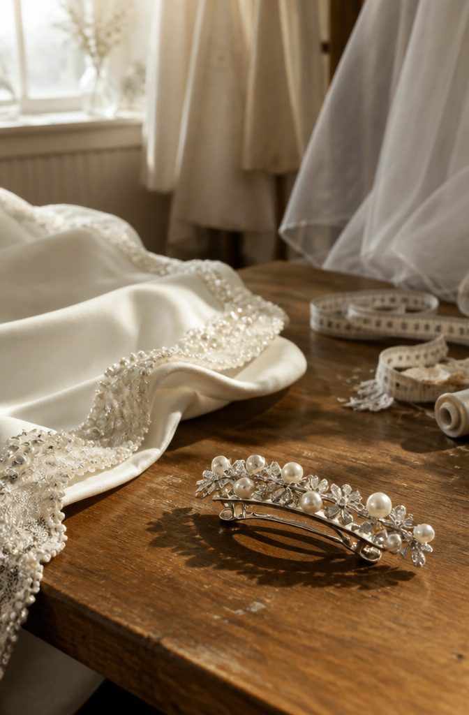 Silver hair clip with crystal flowers pearls and a visible clasp