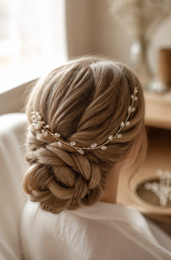 Silver hair vine with flexible strand of pearls crystals and small leaves