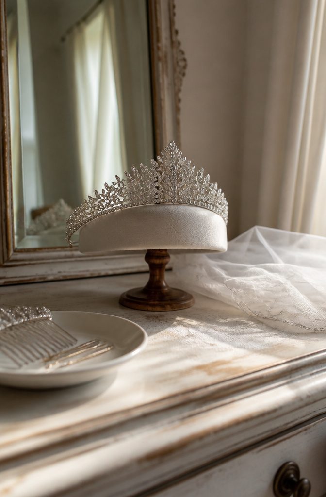 Heavy silver crystal tiara resting above styled bridal hair