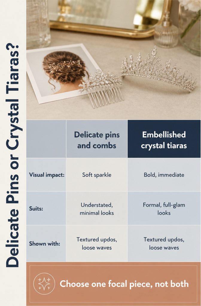 Delicate silver pins and embellished crystal tiara with textured bridal hairstyles