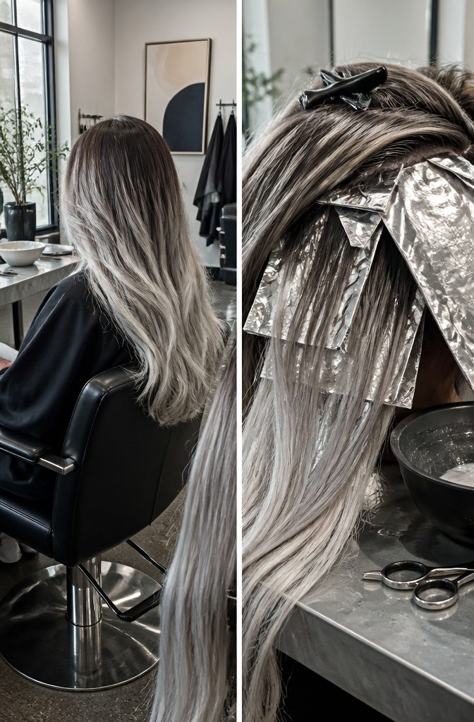 Layered hair with darker roots blending into silver lengths