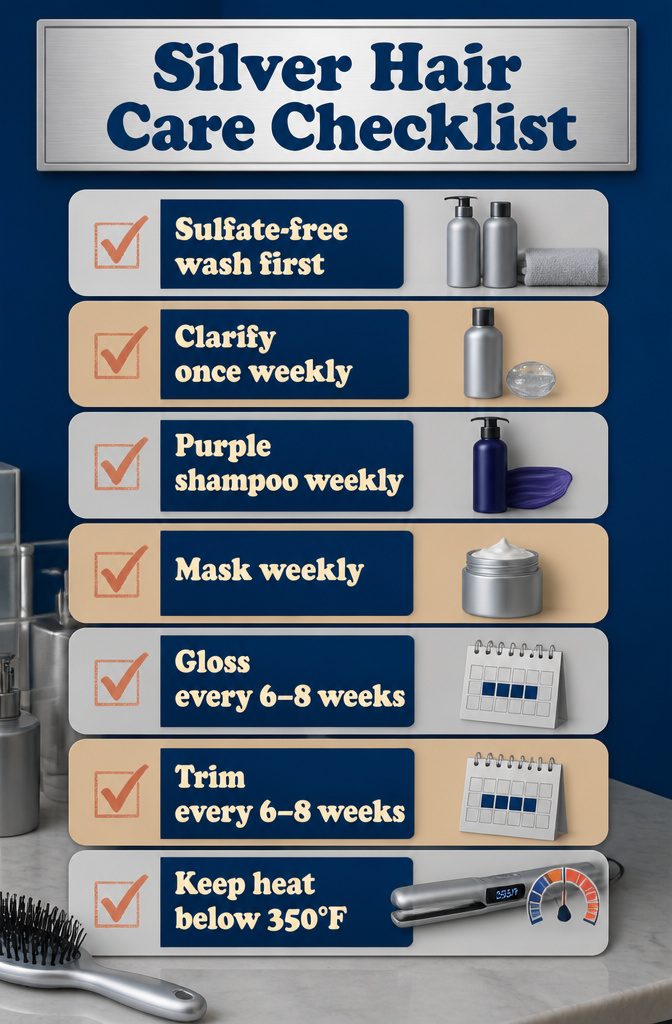 Silver hair care products with shampoo mask and styling tool