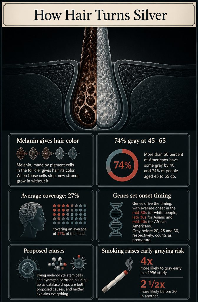 Dark and pale hair strands illustrating pigment loss from follicles