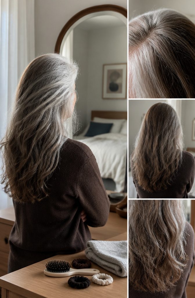 White hairline contrasting with darker pigmented hair across the crown