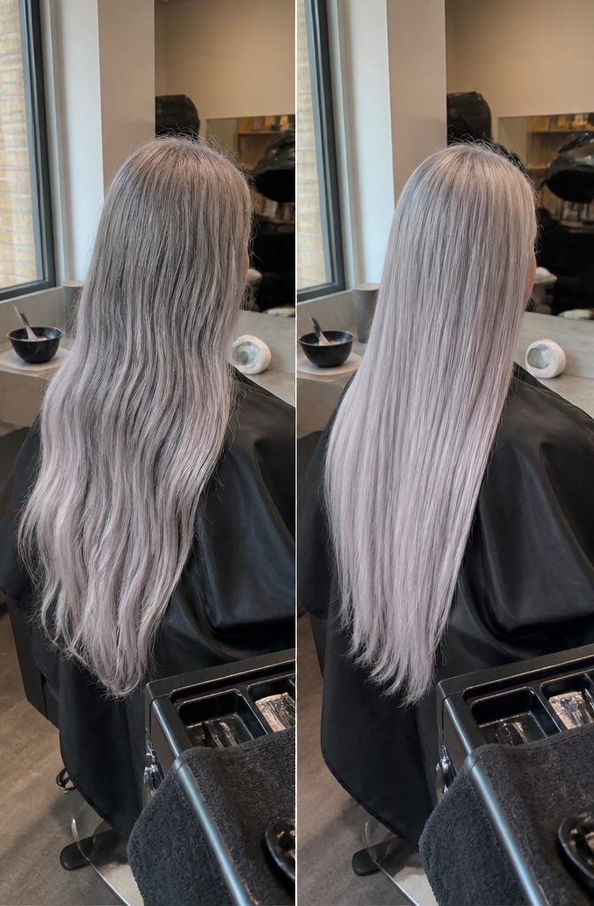 Even pale silver hair with a cool toned finish