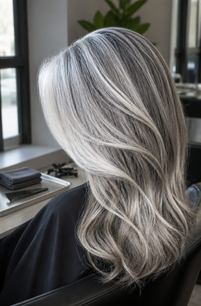 Silver white hair with pale strands mixed among darker pigmented strands