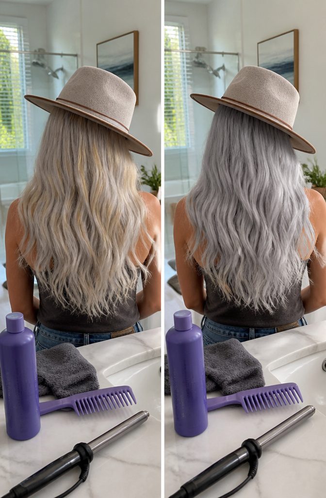 Silver white hair with warm yellow tones through pale strands