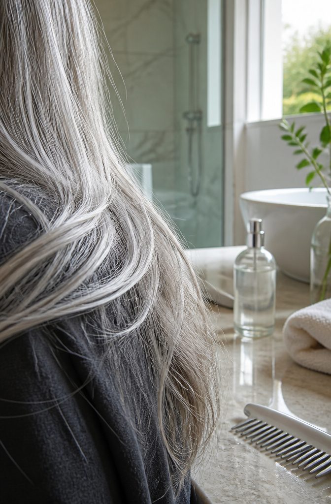 Silver strands over one shoulder catching daylight beside darker hair