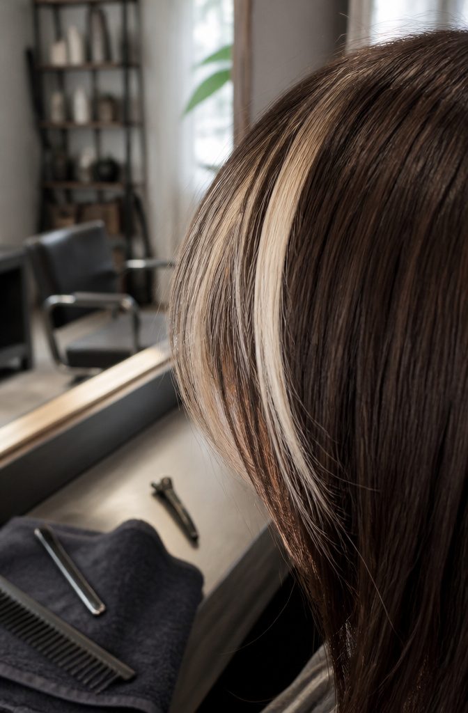 Platinum blonde strands running through a dark brown fringe