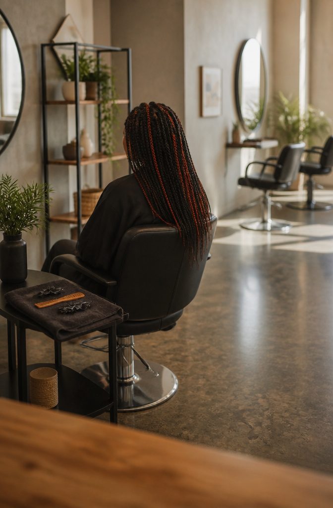 Box braids with selected strands colored a different hue