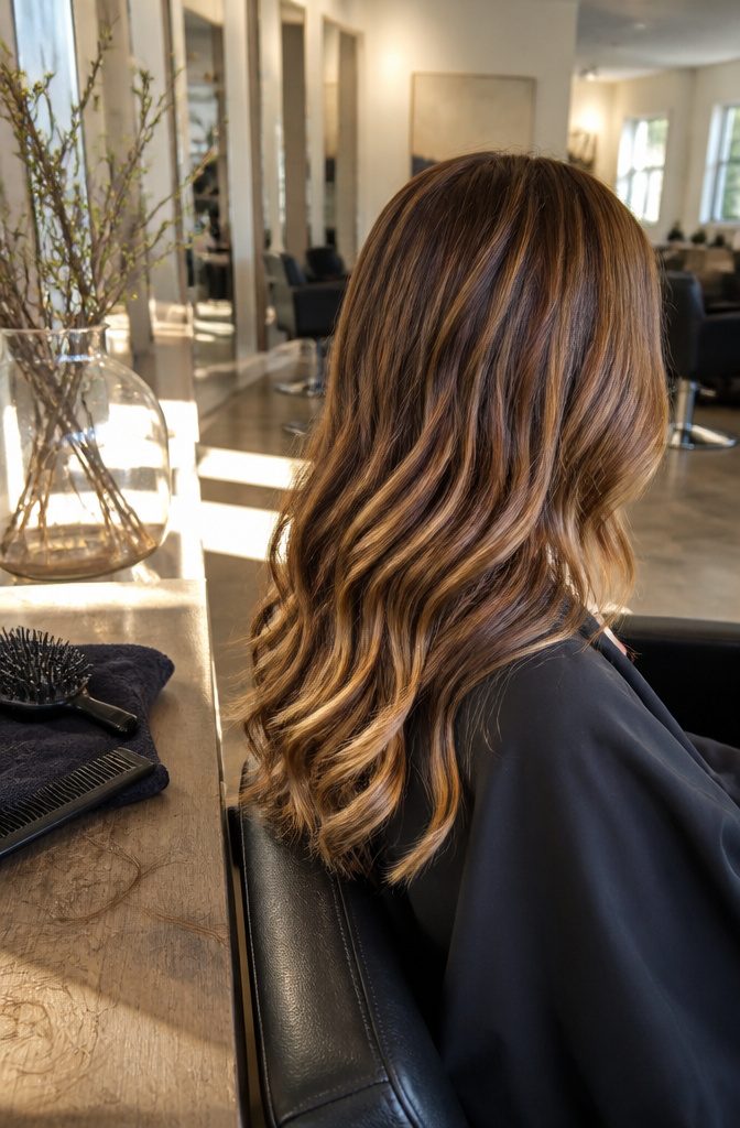 Caramel and golden blonde strands through medium brown hair