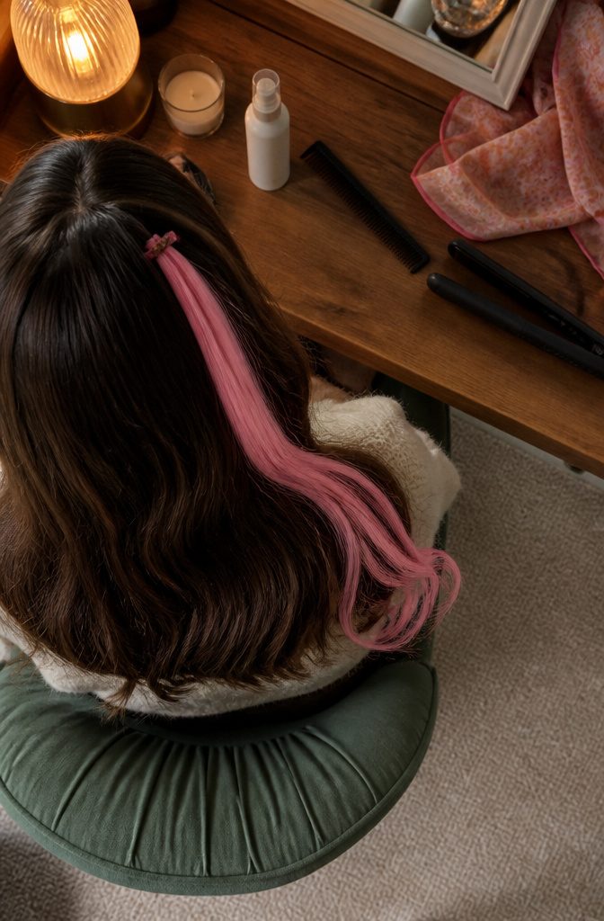 Pink clip-in hair strands beside natural hair