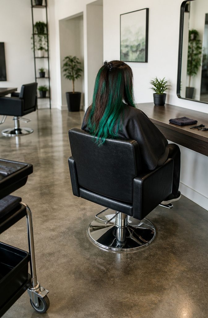 Emerald green streak against dark hair