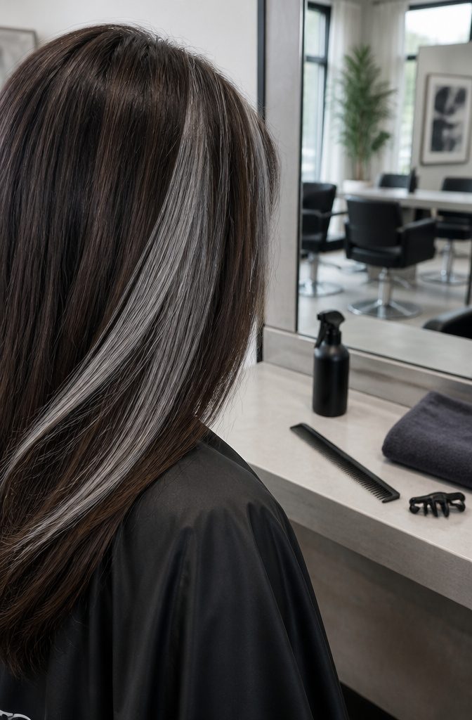 Silvery front strands against dark brown hair beside a salon comb and spray bottle