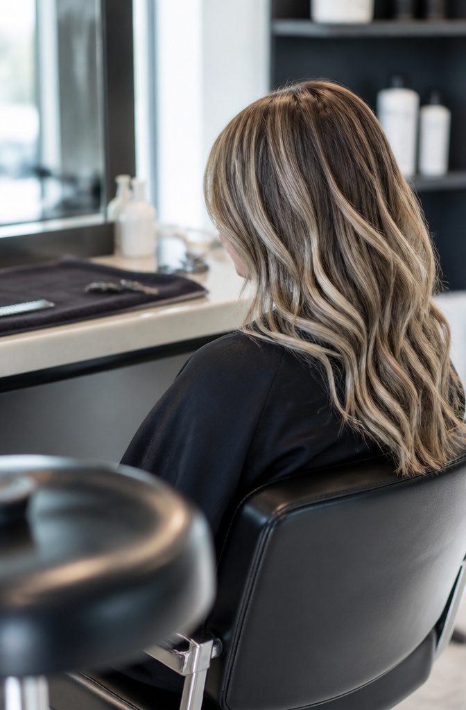 Icy blonde streaks in medium brown hair