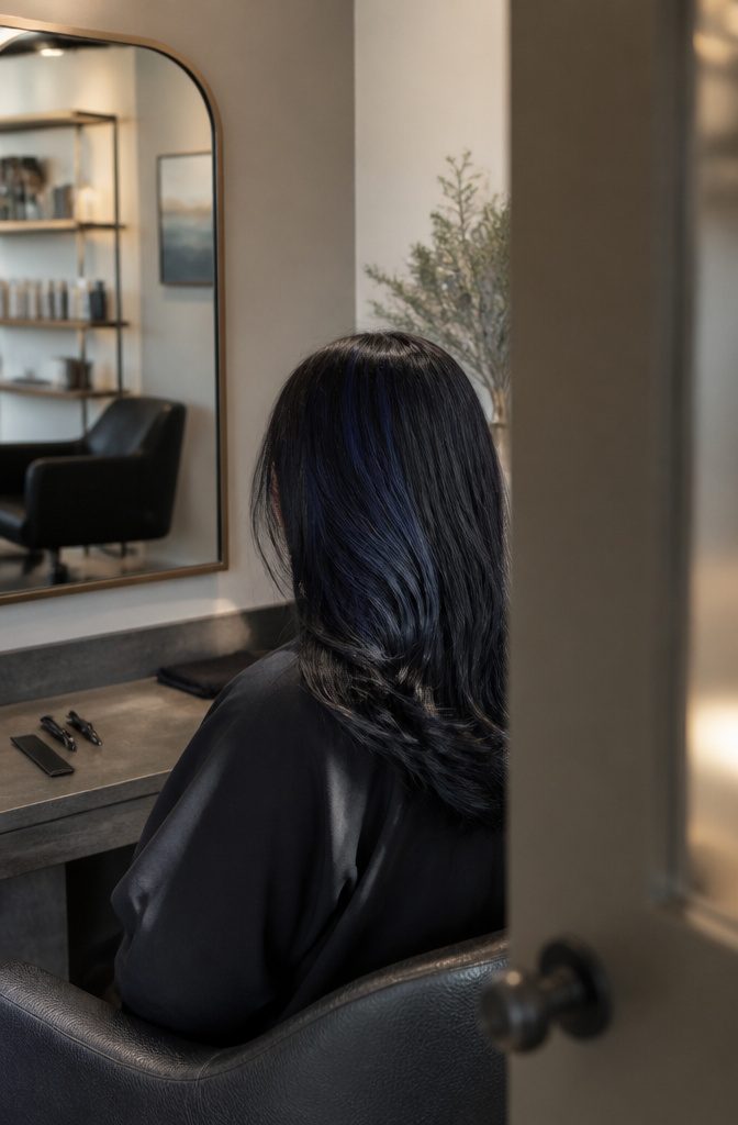 Indigo strands catching light against black hair