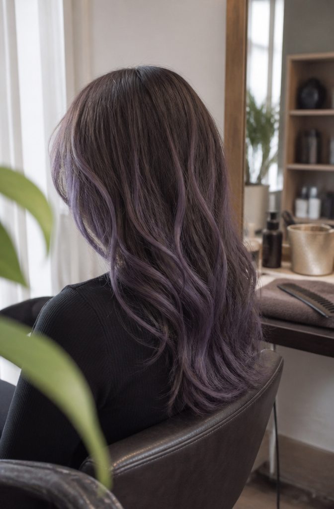 Lavender streaks woven through cool dark brown hair