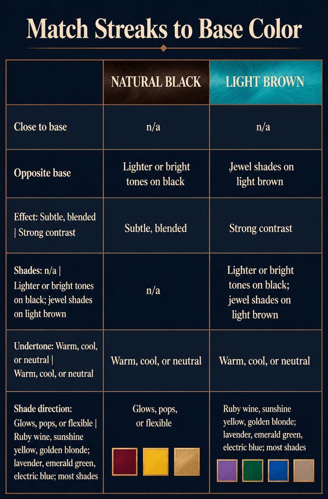 Beauty chart matching base color contrast and undertones to streak shades