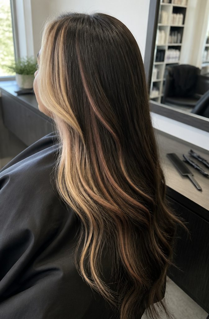 Face-framing streaks set against the model’s base hair color