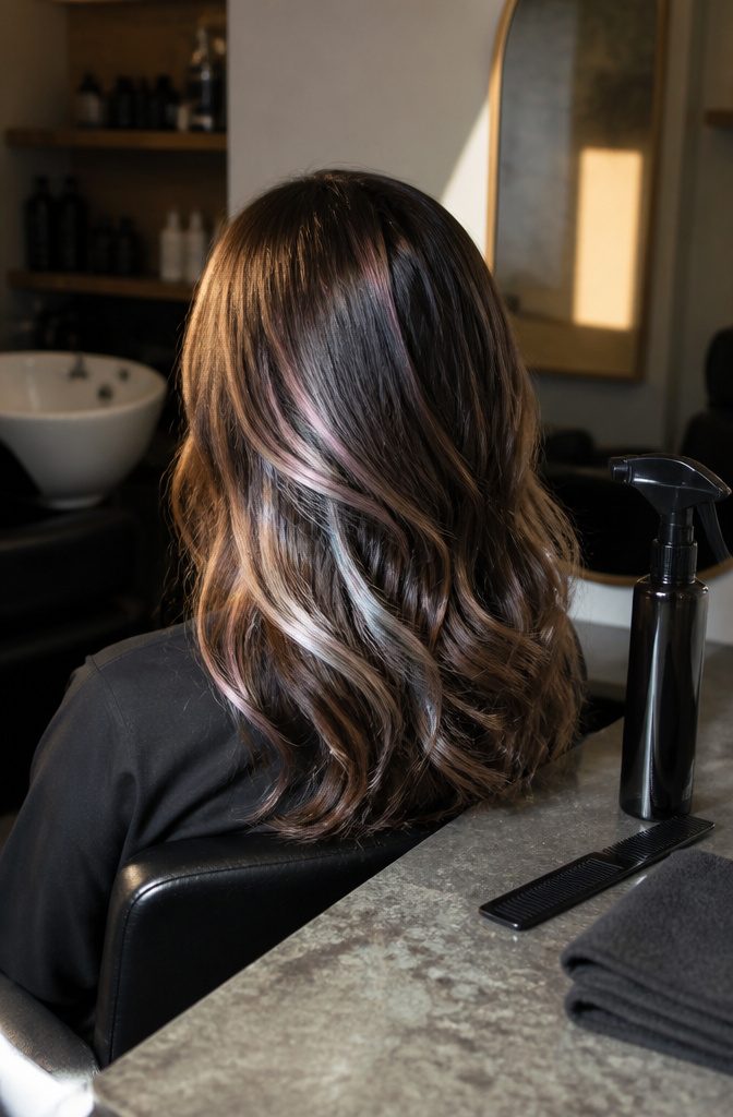 Iridescent face-framing strands with pink and blue tones in brown hair