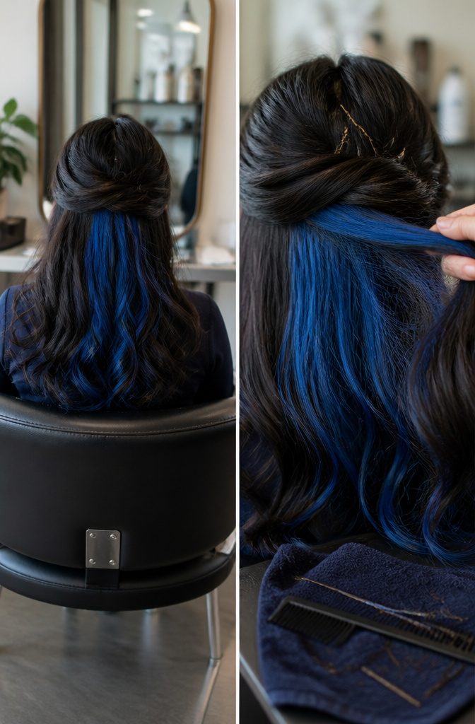 Colored underlayer streak beneath the top layer of hair