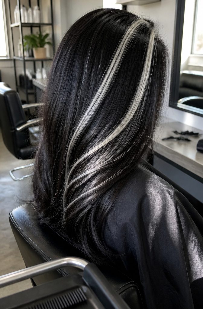 Platinum streaks contrasting with black or dark brown hair