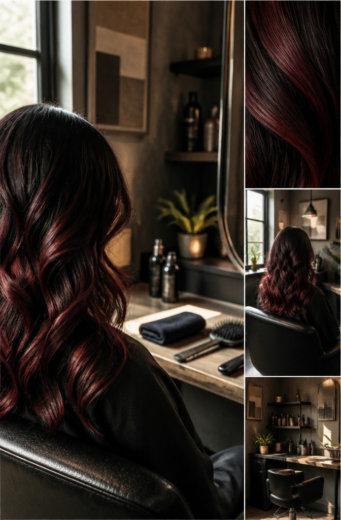 Ruby wine streaks against dark hair