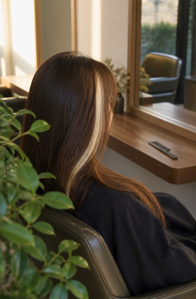 Single bright front strand beside dark brown hair