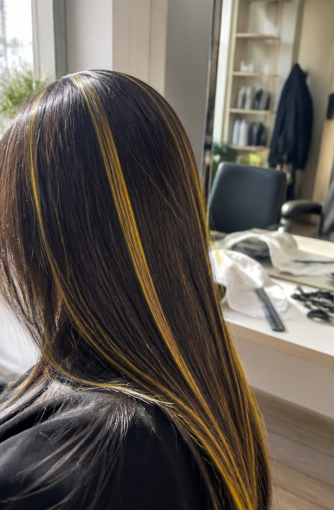 Sunshine yellow streaks through sleek dark hair