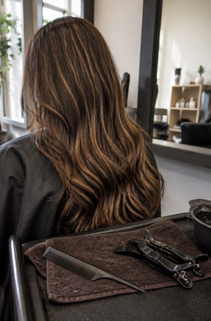 Thin warm gold strands spread through smooth chocolate brown hair