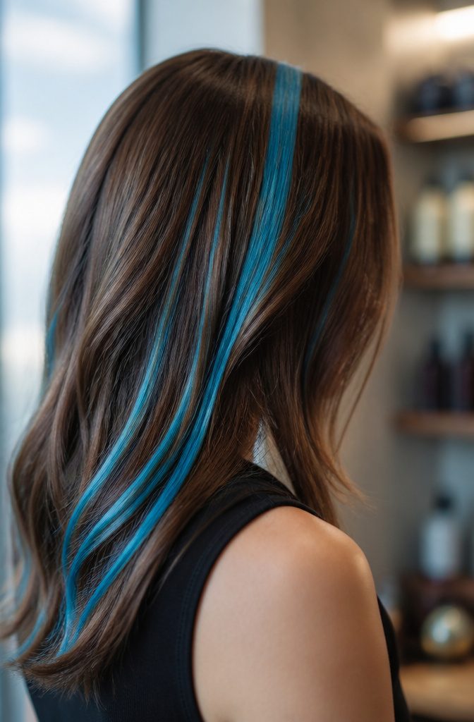 Vivid turquoise strands against rich brown hair