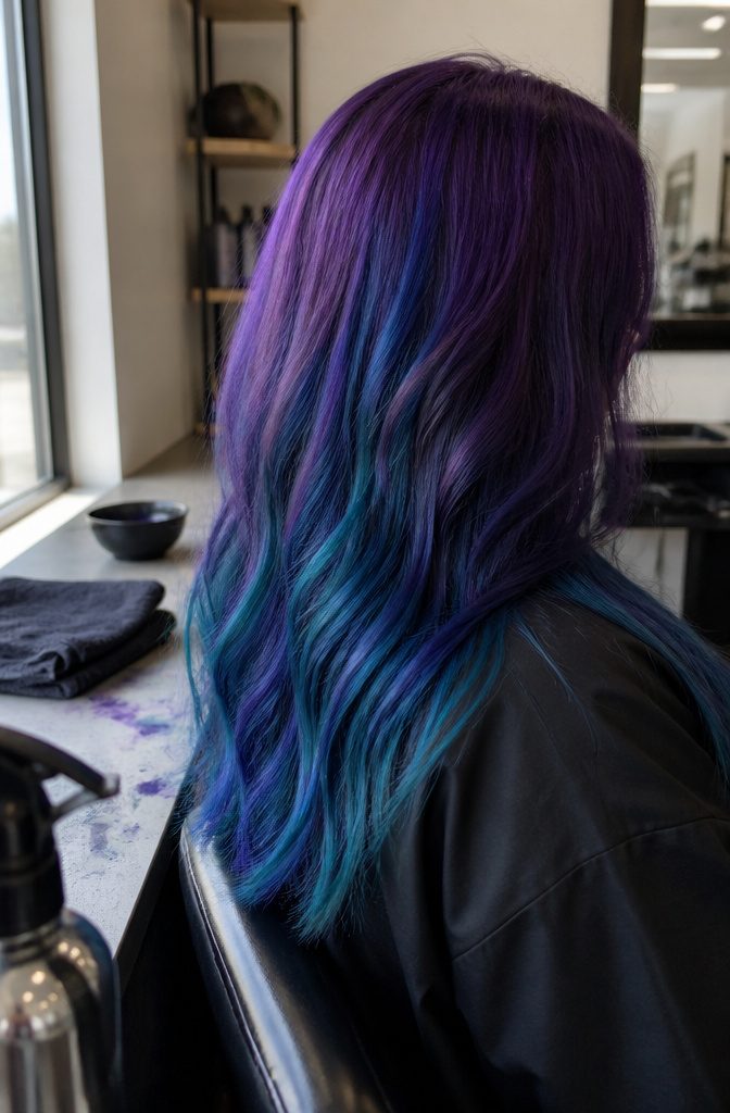 Teal and purple hair colors shown together for an article about layered shades