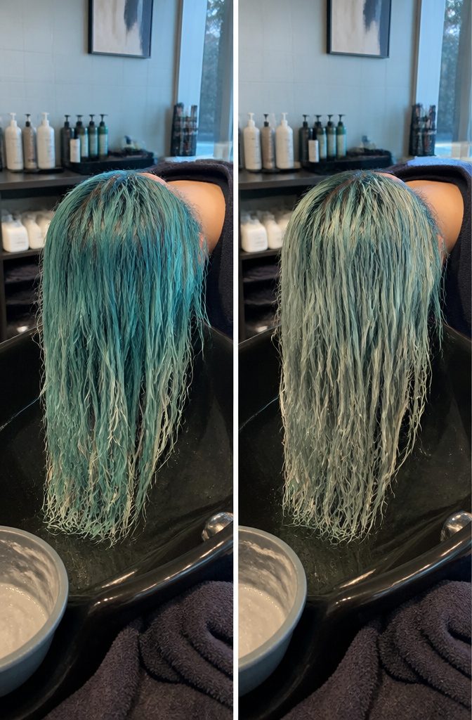 Teal hair showing color left behind after a remover treatment