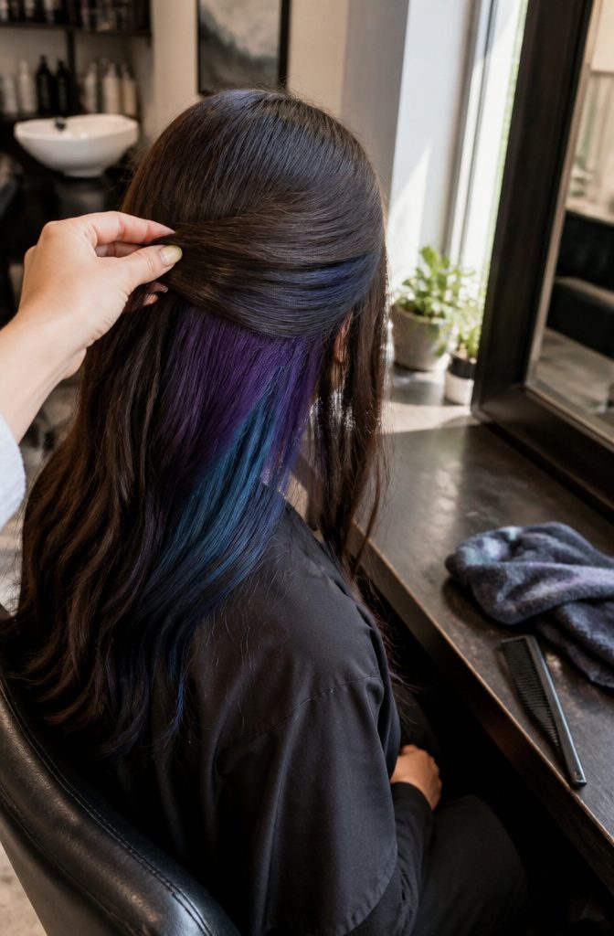 Purple dyed hair patch at the back concealed by longer top layers