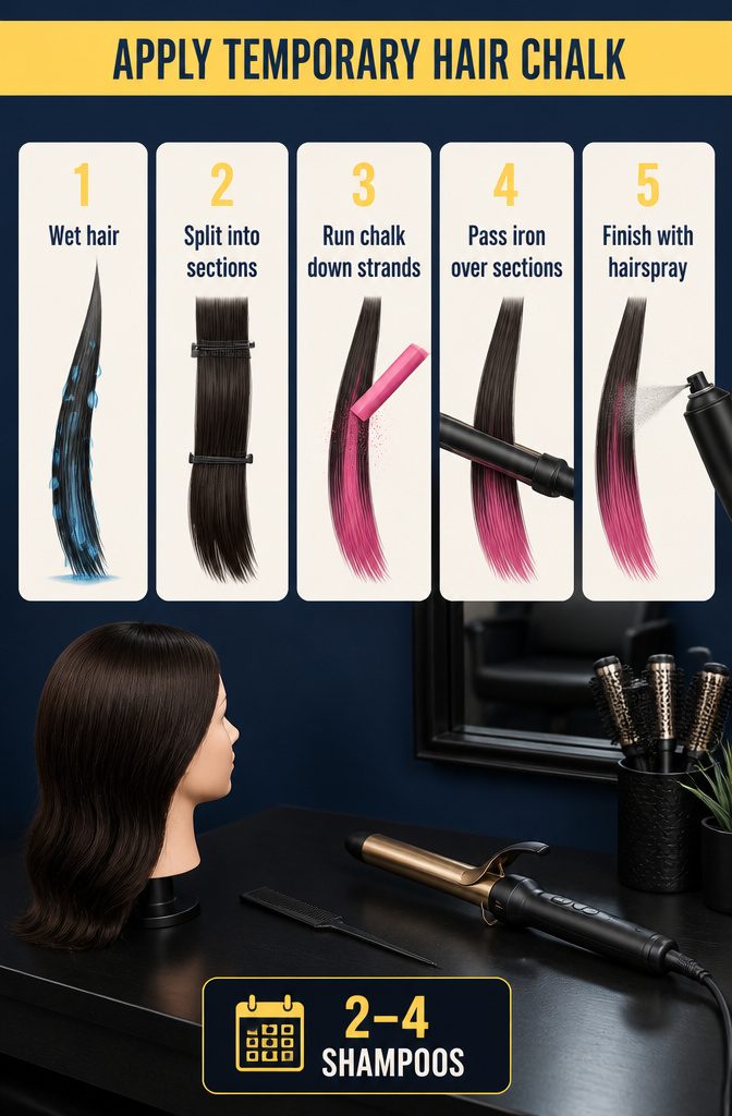 Hair chalk being applied along a section of hair
