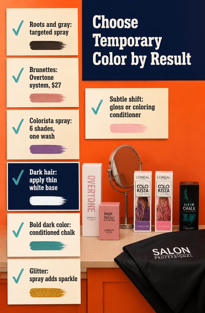 Temporary hair color chart matching product formats to different results