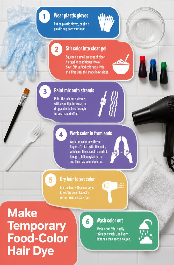 Bowl of clear hair gel or conditioner mixed with food coloring