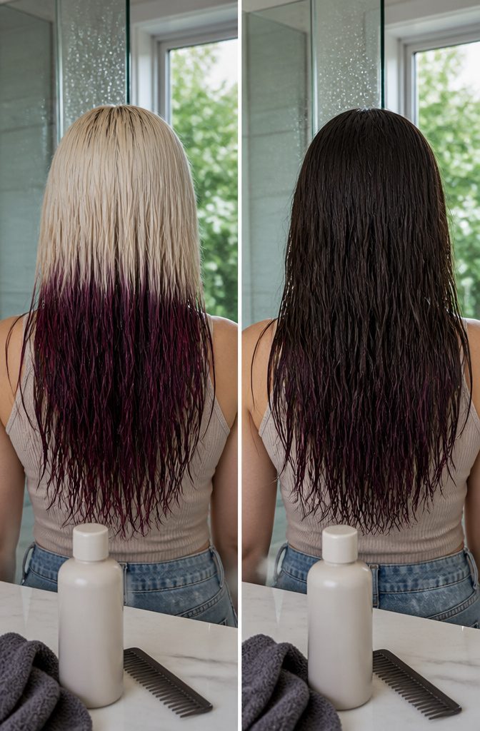 Light hair with a deep temporary color coating the strands