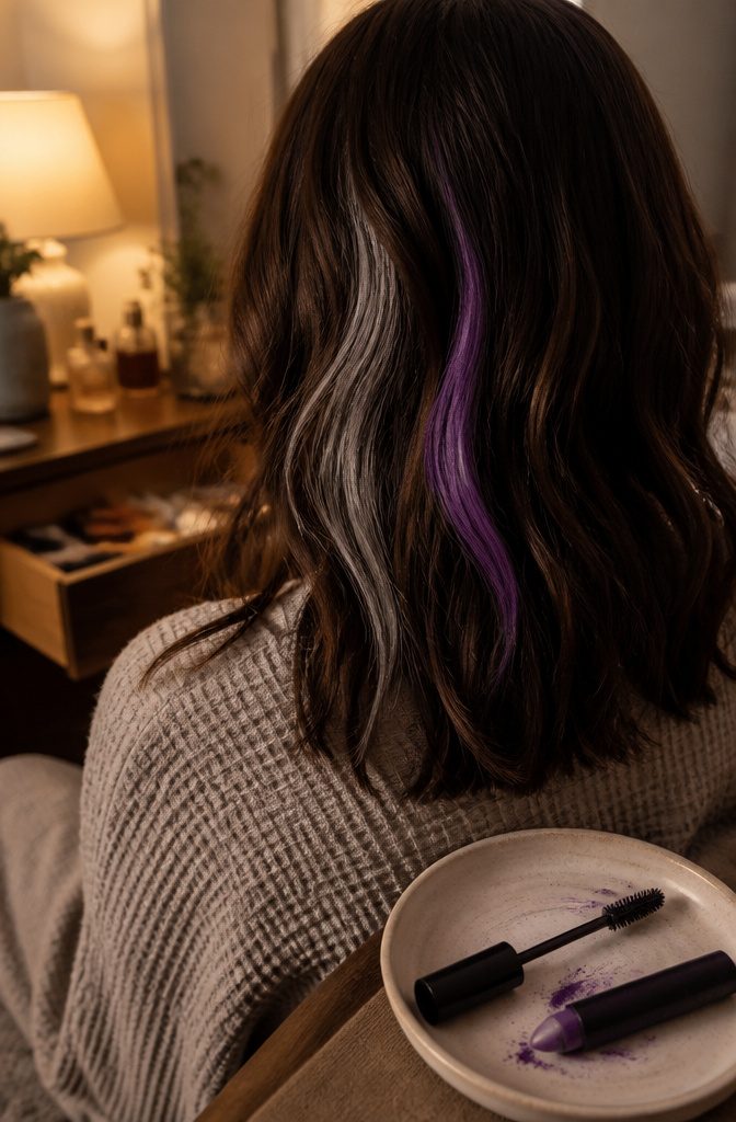 Temporary hair color stick with pigment brushed onto a section of hair