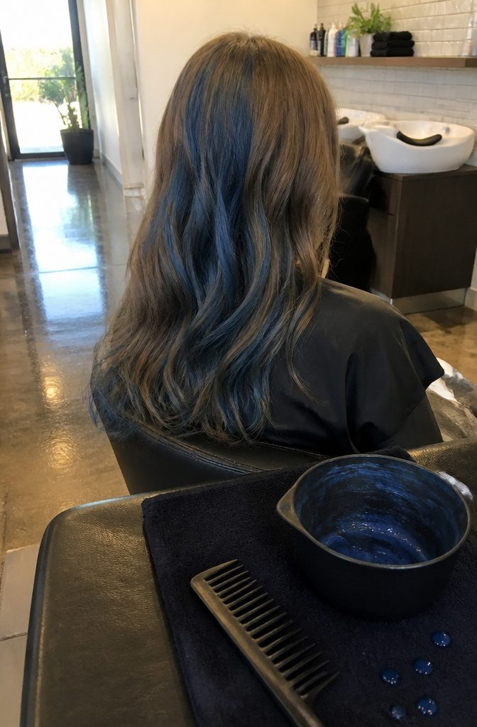 Metallic blue hair color fading from the roots through light brown strands