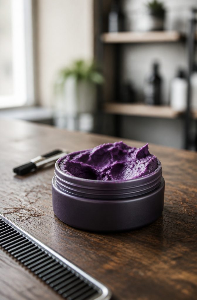 Purple hair wax applied to hair with visible texture