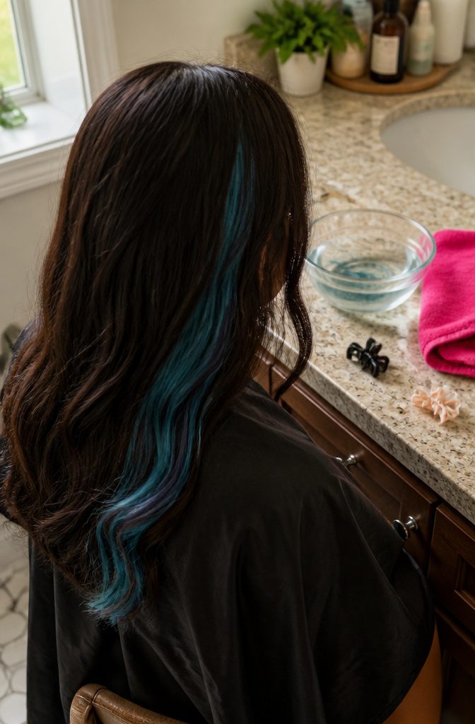 Dark hair with a vivid turquoise streak and natural strands arranged over a salon cape